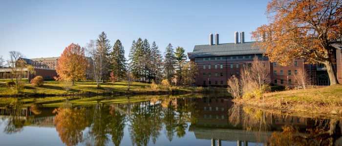 View of Swan Lake and the Chemistry Building on the UConn Campus in November, 2016.